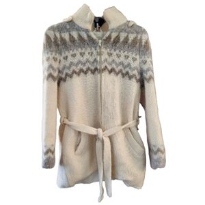 Hilda Ltd Vintage Cozy Icelandic Hooded Sweater Jacket w/ Belt - Cream/Gray-Sz M